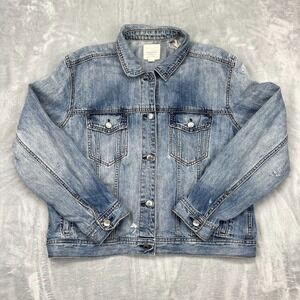 American Eagle Trucker Jacket Womens XL Blue Denim Distressed Collared Button-Up